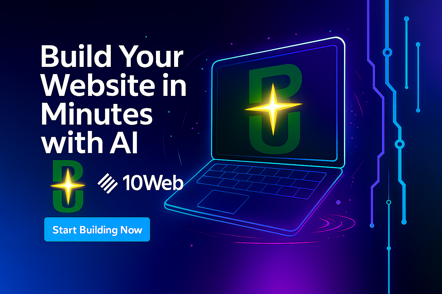 Route4Us and 10Web AI Website Builder banner with stacked R4U logo and glowing gold star