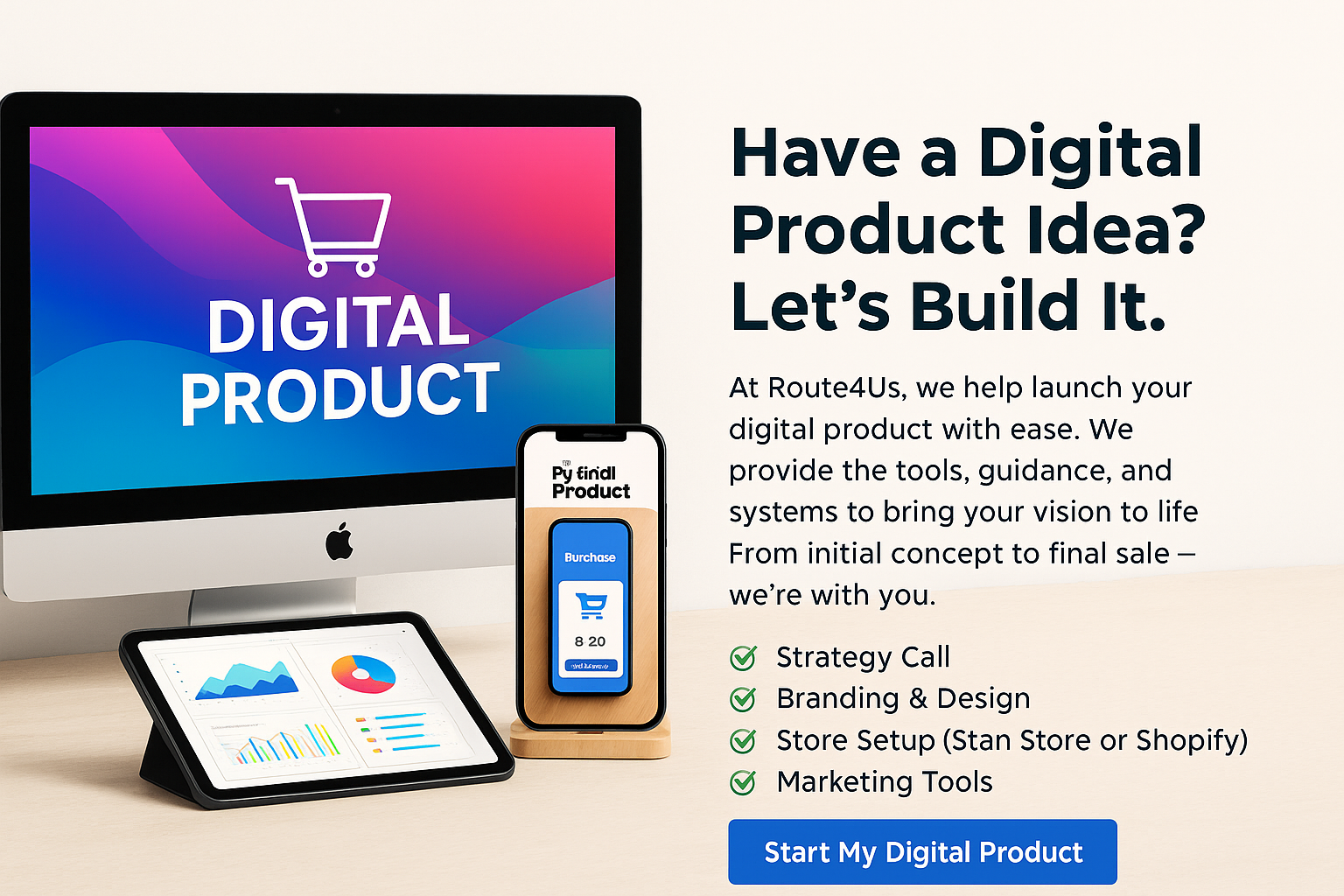 Entrepreneurs brainstorming digital product ideas in a modern workspace with “Have a Digital Product Idea? Let’s Build It” headline.