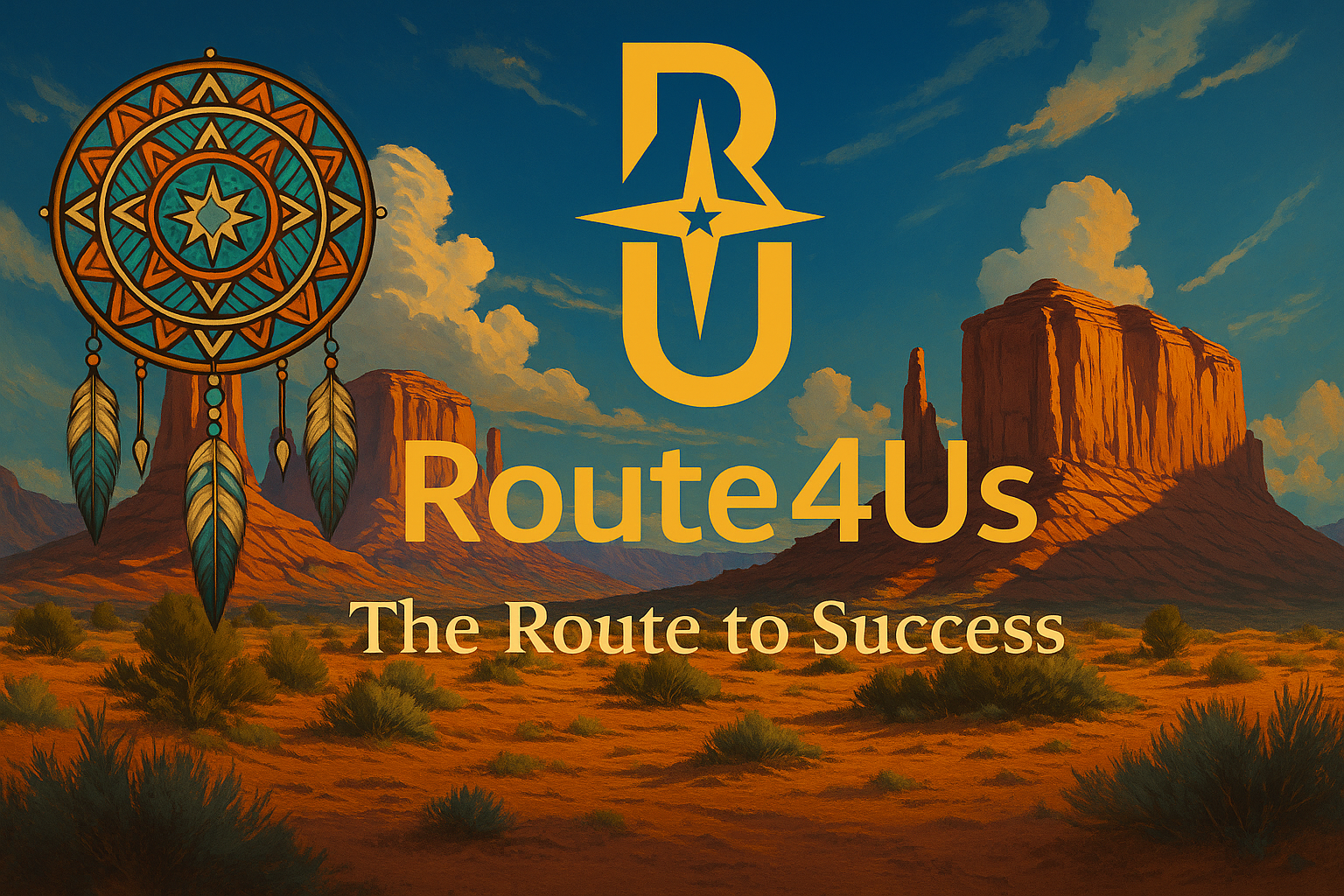 Route4Us logo and dreamcatcher over desert landscape, symbolizing inspiration and entrepreneurship in the Four Corners region