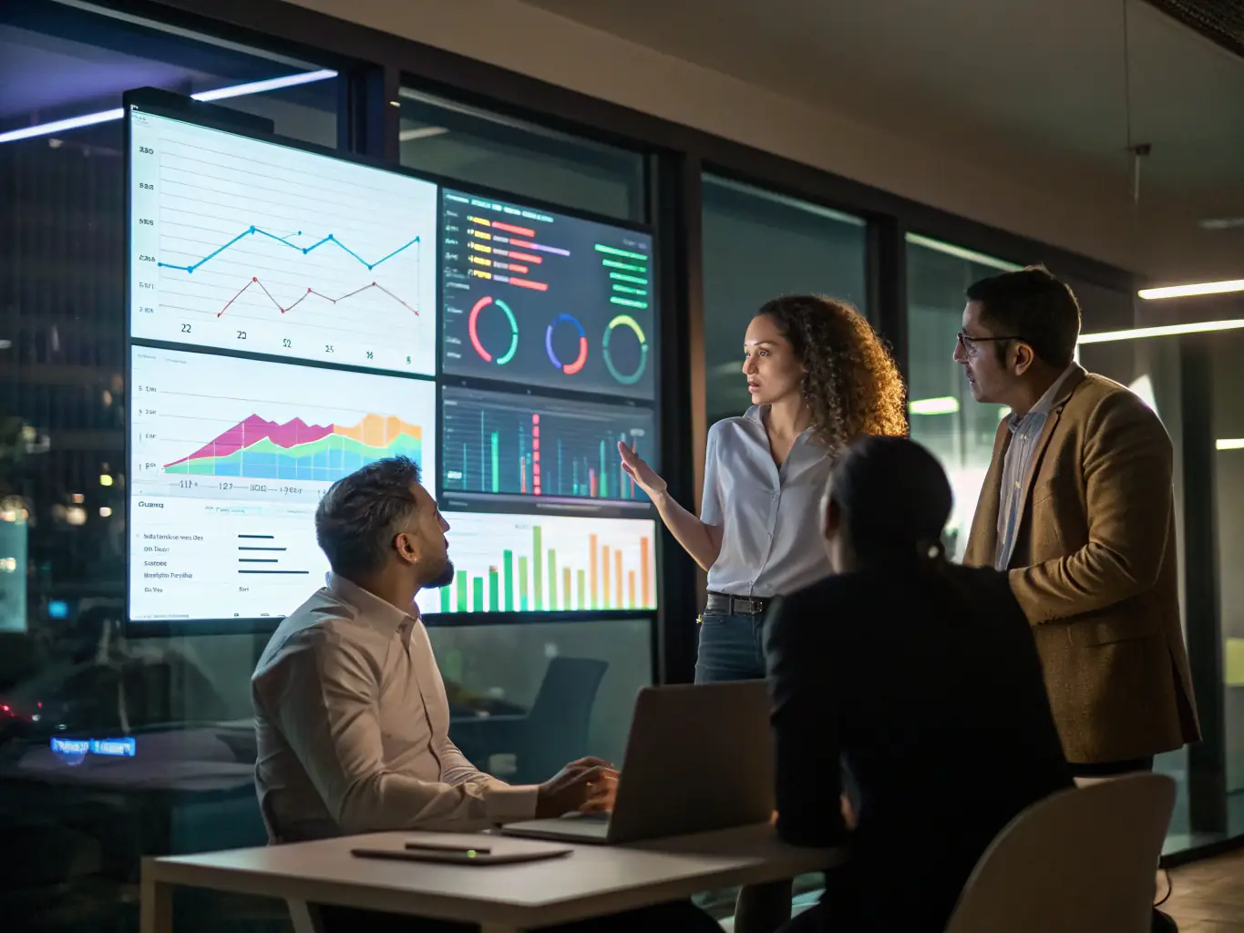 An image of a team analyzing marketing data on a large screen with charts and graphs, in a modern office setting.