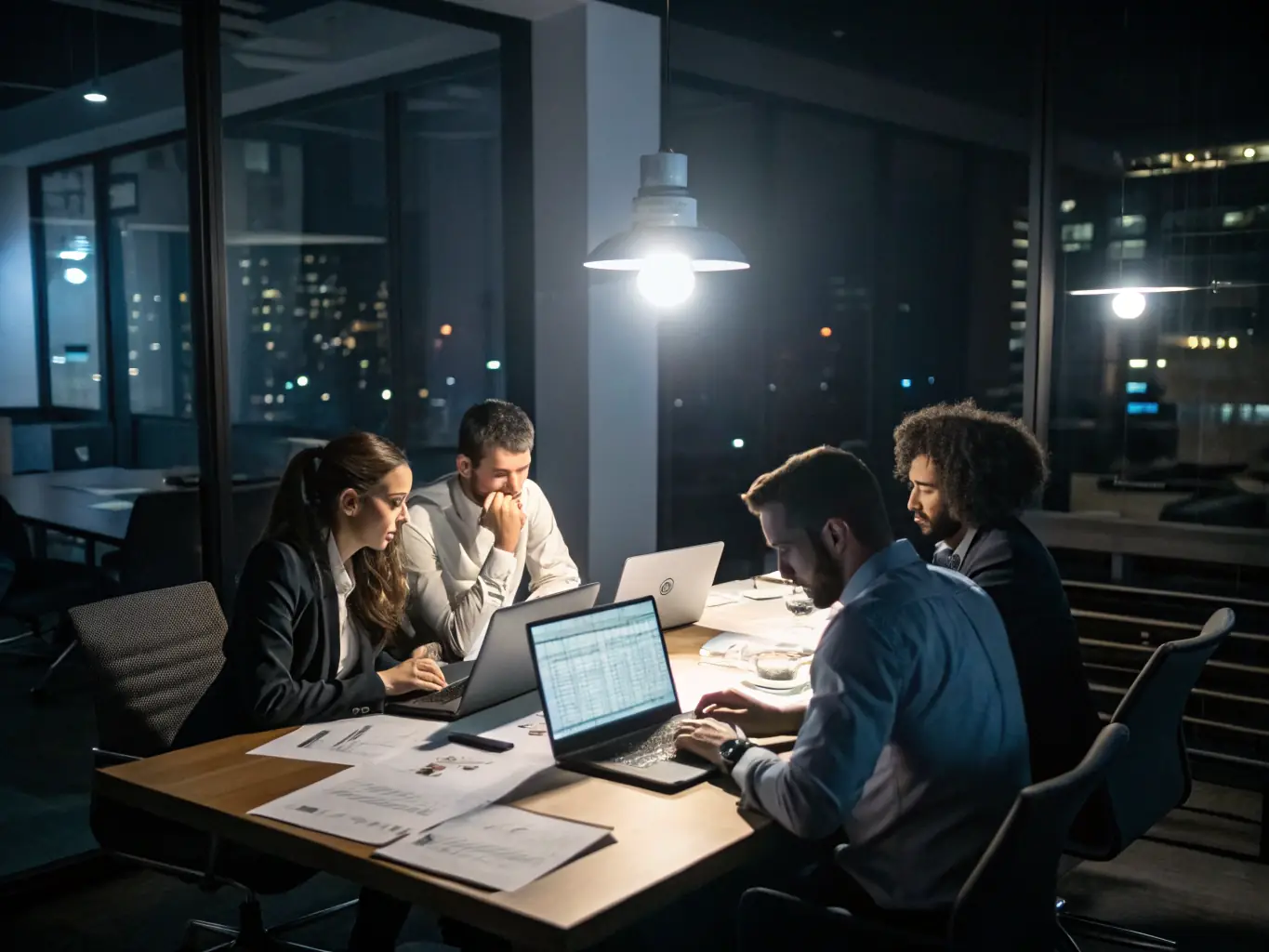 A professional workspace with a team collaborating on a digital marketing strategy, showcasing data analytics and planning.